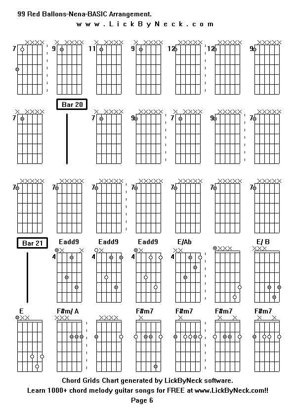 Chord Grids Chart of chord melody fingerstyle guitar song-99 Red Ballons-Nena-BASIC Arrangement,generated by LickByNeck software.